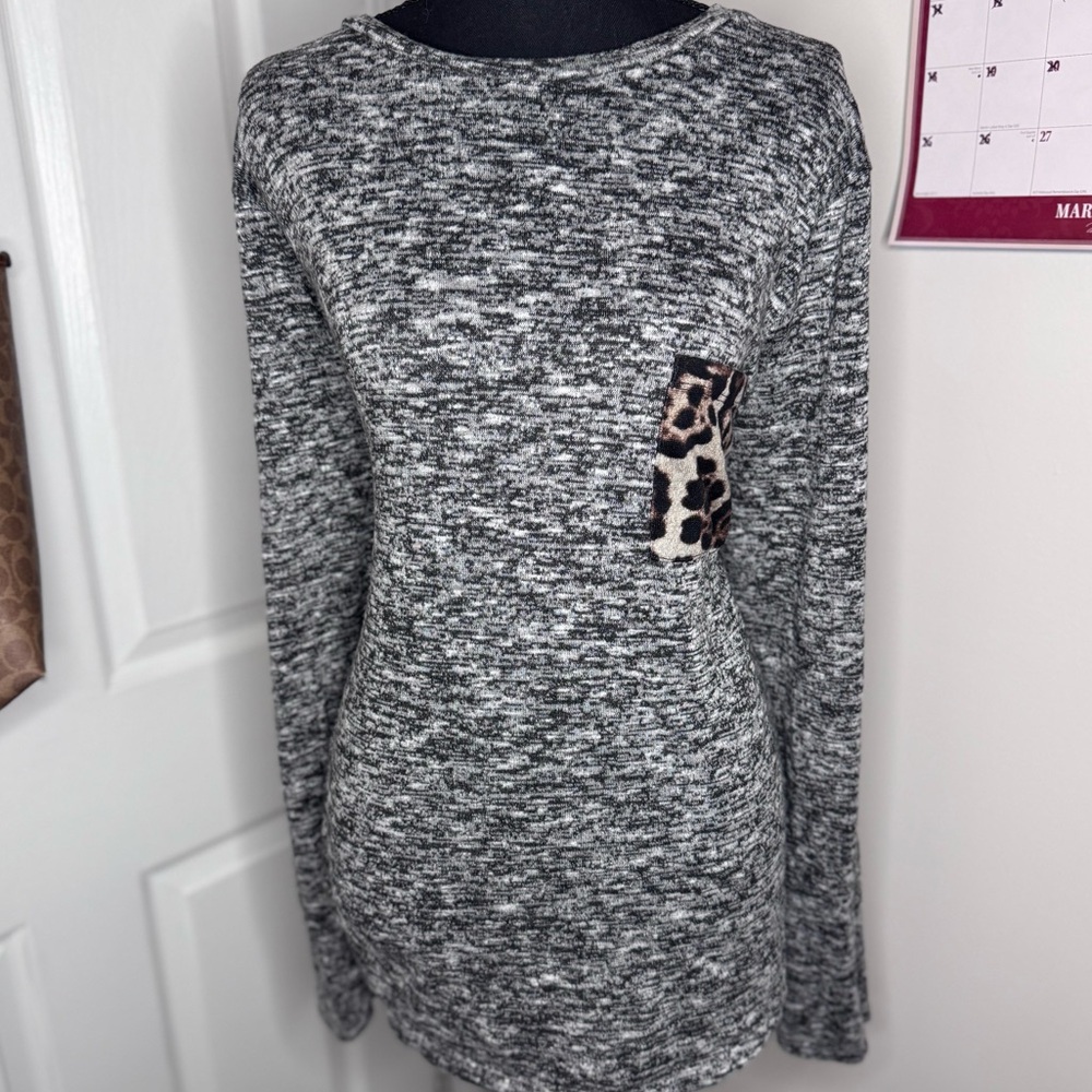 Brittany Black Marled Gray Top with Animal Print Accent
